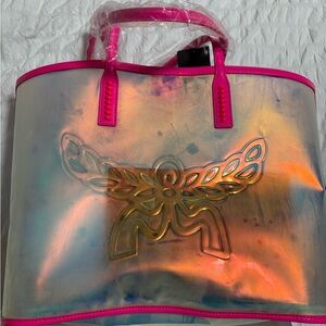 MCM Holographic Tote with Hot Pink Trim